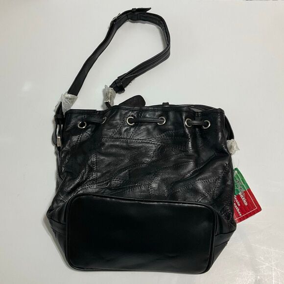Maxam Lambskin Patchwork Mosaic Drawstring Bag, Black NWT Vintage - Picture 3 of 16
